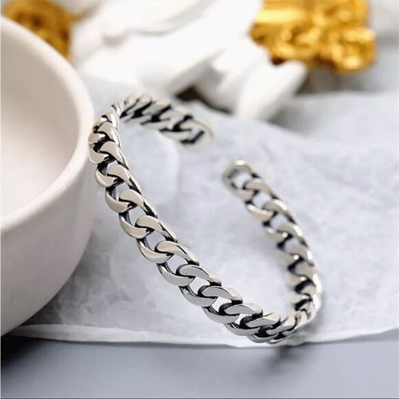 #38 925 Sterling Silver Chain Cuff Bracelet - Picture 1 of 8